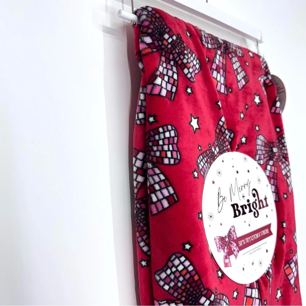 Be Merry & Bright Disco Bow Christmas Throw Blanket 50”x70” Feminine New Nwt